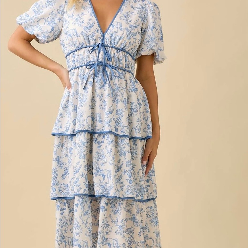 Blue Vintage Horse Toile Tiered Midi Dress